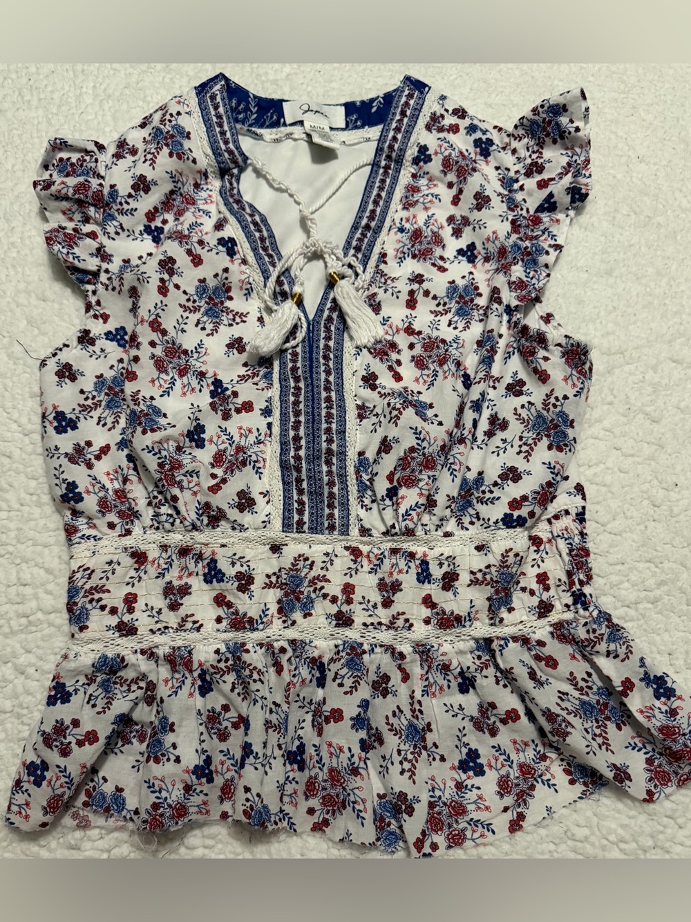 Japna White Floral Tassel Tie-Neck Blouse